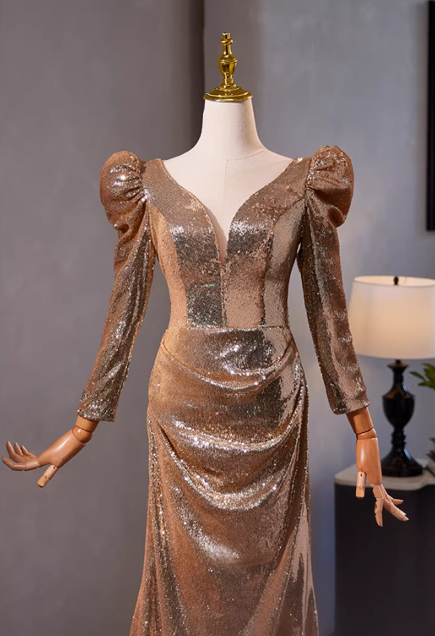Bling Sheath V Neck Draped Evening Gowns Long Sleeve Sequins Prom Dress AP5304