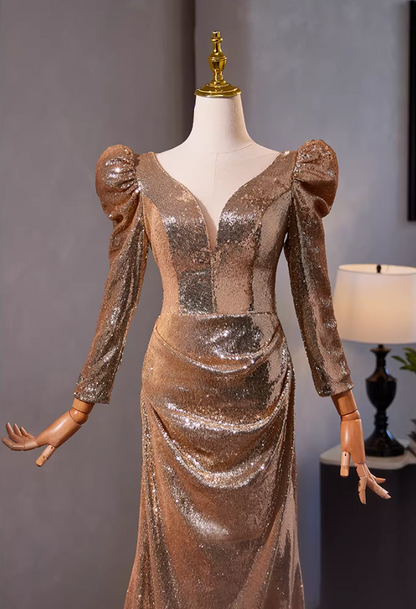 Bling Sheath V Neck Draped Evening Gowns Long Sleeve Sequins Prom Dress AP5304