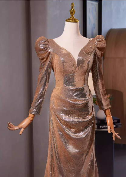 Bling Sheath V Neck Draped Evening Gowns Long Sleeve Sequins Prom Dress AP5304