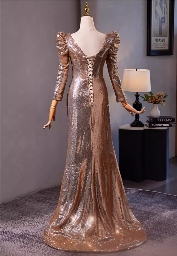 Bling Sheath V Neck Draped Evening Gowns Long Sleeve Sequins Prom Dress AP5304