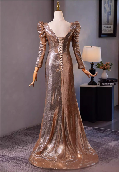 Bling Sheath V Neck Draped Evening Gowns Long Sleeve Sequins Prom Dress AP5304