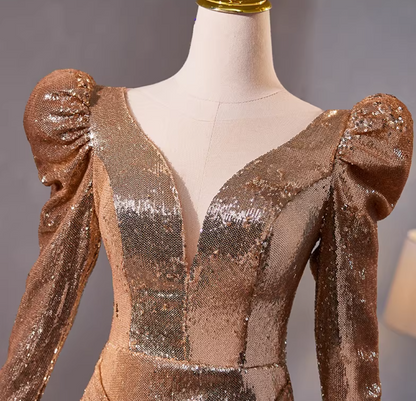 Bling Sheath V Neck Draped Evening Gowns Long Sleeve Sequins Prom Dress AP5304