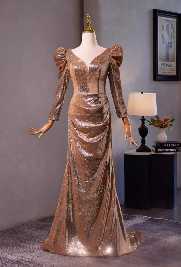 Bling Sheath V Neck Draped Evening Gowns Long Sleeve Sequins Prom Dress AP5304