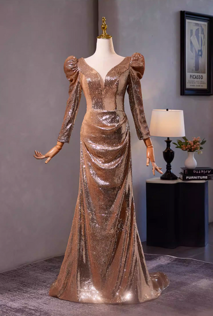 Bling Sheath V Neck Draped Evening Gowns Long Sleeve Sequins Prom Dress AP5304