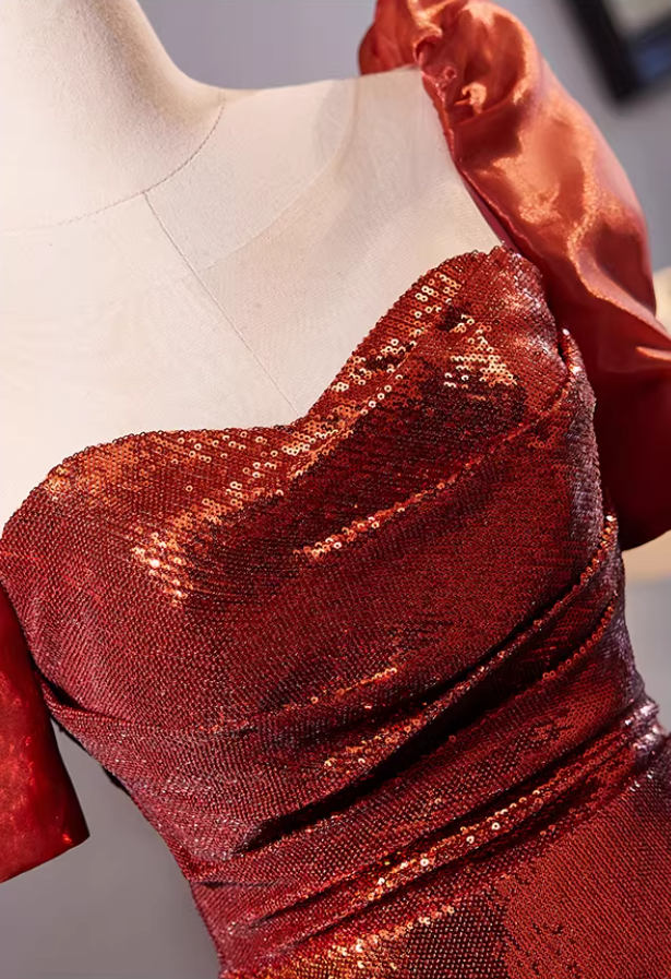 Stylish Sheath Sweetheart Neck Draped Evening Gowns With Bow Train Short Sleeve Sequins Prom Dress AP5305