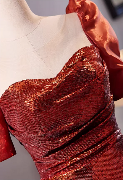 Stylish Sheath Sweetheart Neck Draped Evening Gowns With Bow Train Short Sleeve Sequins Prom Dress AP5305