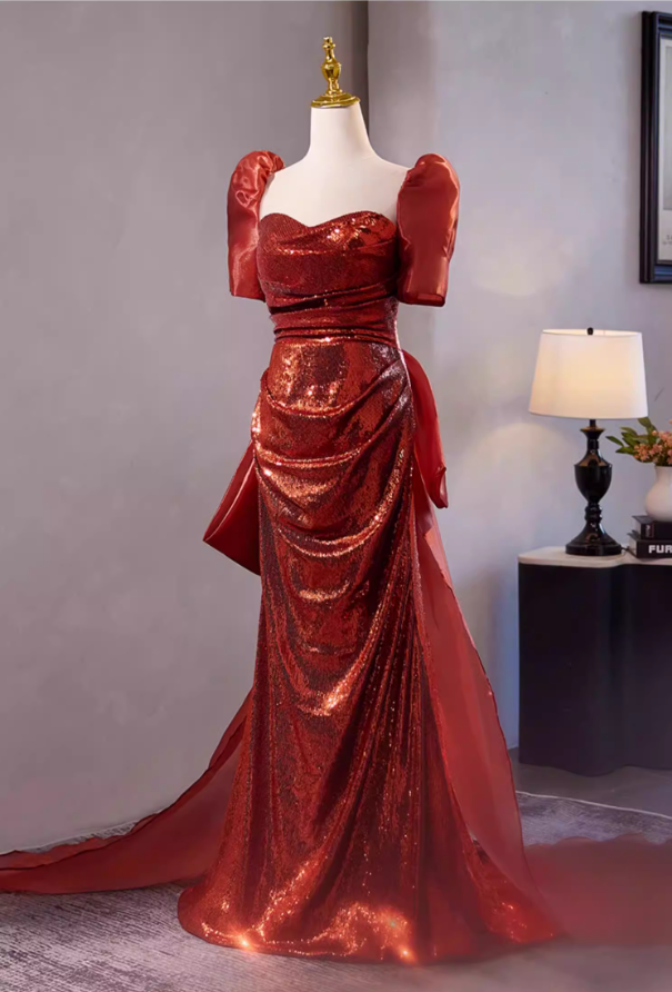 Stylish Sheath Sweetheart Neck Draped Evening Gowns With Bow Train Short Sleeve Sequins Prom Dress AP5305