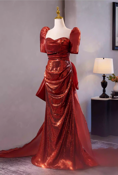 Stylish Sheath Sweetheart Neck Draped Evening Gowns With Bow Train Short Sleeve Sequins Prom Dress AP5305