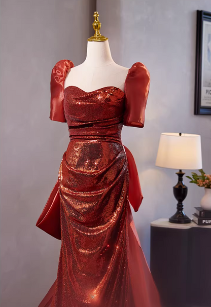 Stylish Sheath Sweetheart Neck Draped Evening Gowns With Bow Train Short Sleeve Sequins Prom Dress AP5305