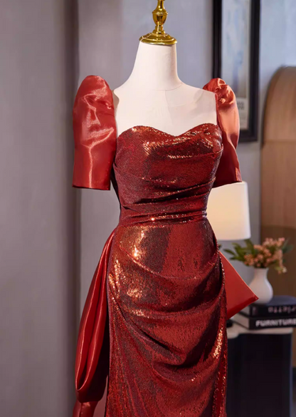 Stylish Sheath Sweetheart Neck Draped Evening Gowns With Bow Train Short Sleeve Sequins Prom Dress AP5305