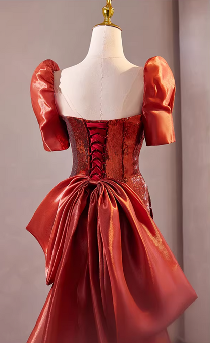 Stylish Sheath Sweetheart Neck Draped Evening Gowns With Bow Train Short Sleeve Sequins Prom Dress AP5305