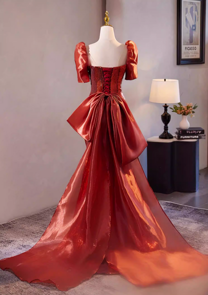 Stylish Sheath Sweetheart Neck Draped Evening Gowns With Bow Train Short Sleeve Sequins Prom Dress AP5305