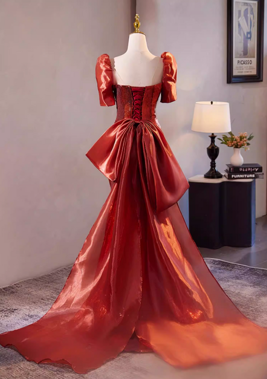 Stylish Sheath Sweetheart Neck Draped Evening Gowns With Bow Train Short Sleeve Sequins Prom Dress AP5305