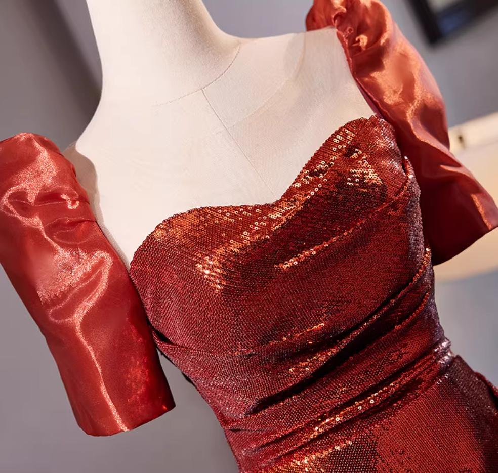 Stylish Sheath Sweetheart Neck Draped Evening Gowns With Bow Train Short Sleeve Sequins Prom Dress AP5305