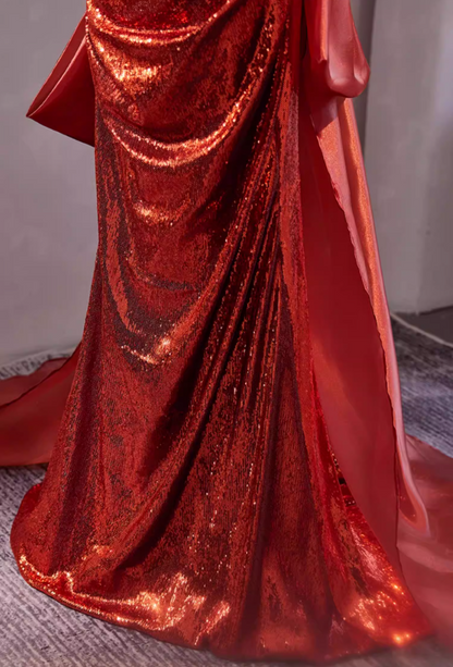 Stylish Sheath Sweetheart Neck Draped Evening Gowns With Bow Train Short Sleeve Sequins Prom Dress AP5305