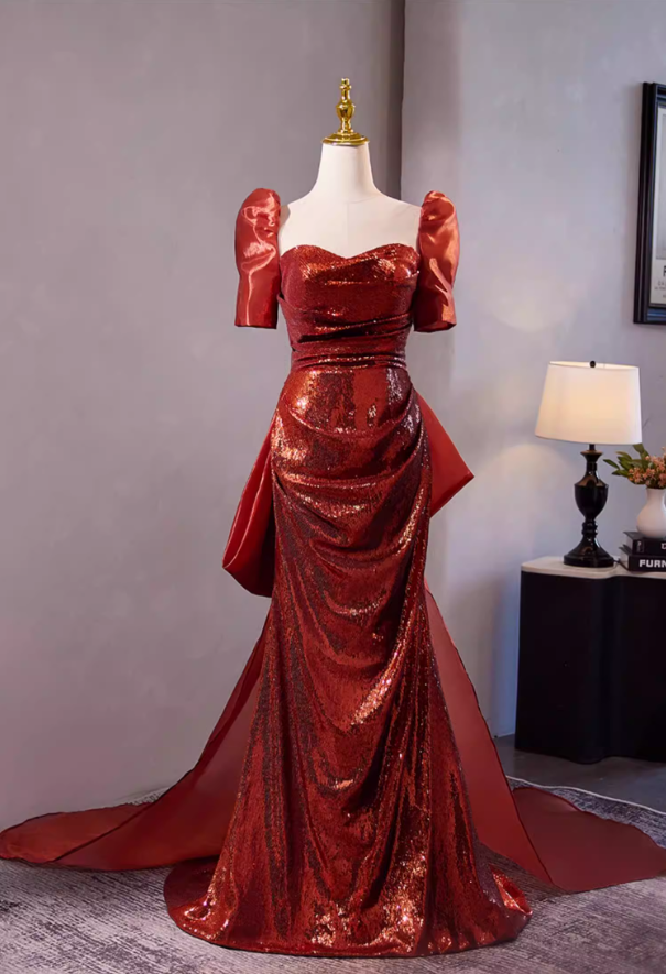 Stylish Sheath Sweetheart Neck Draped Evening Gowns With Bow Train Short Sleeve Sequins Prom Dress AP5305