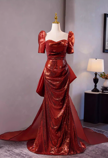 Stylish Sheath Sweetheart Neck Draped Evening Gowns With Bow Train Short Sleeve Sequins Prom Dress AP5305