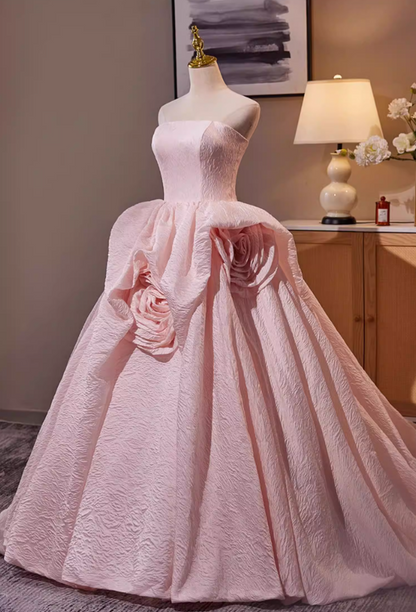 Fitted Strapless A-Line Textured Sweet 16th Gowns Handmade Flowers Pink Prom Dress AP5306