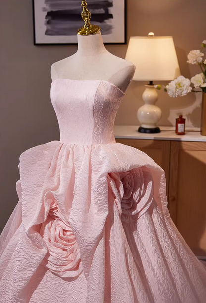Fitted Strapless A-Line Textured Sweet 16th Gowns Handmade Flowers Pink Prom Dress AP5306