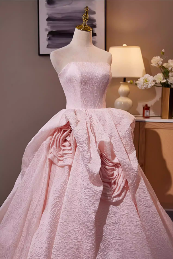 Fitted Strapless A-Line Textured Sweet 16th Gowns Handmade Flowers Pink Prom Dress AP5306