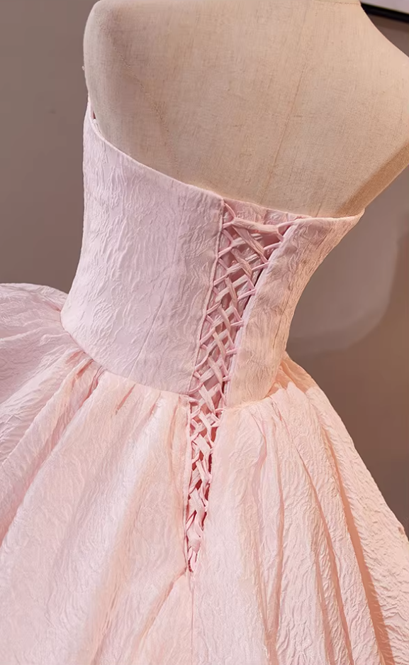 Fitted Strapless A-Line Textured Sweet 16th Gowns Handmade Flowers Pink Prom Dress AP5306