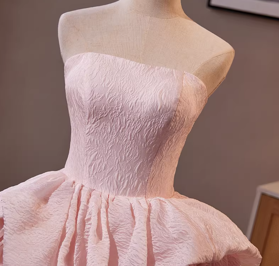 Fitted Strapless A-Line Textured Sweet 16th Gowns Handmade Flowers Pink Prom Dress AP5306