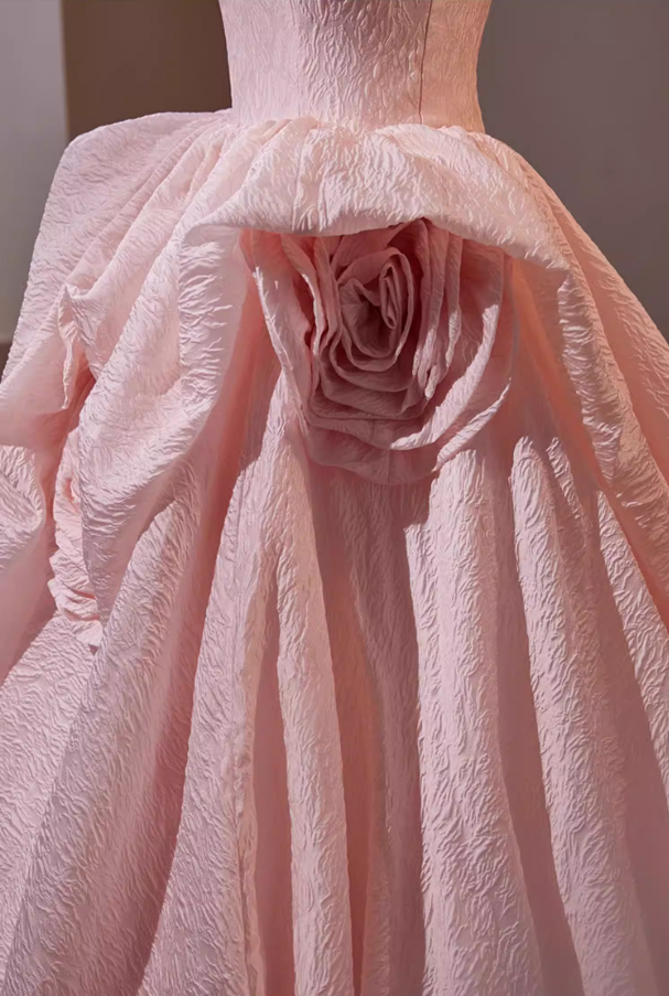 Fitted Strapless A-Line Textured Sweet 16th Gowns Handmade Flowers Pink Prom Dress AP5306