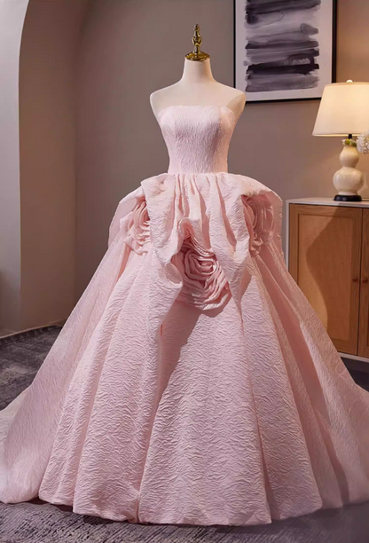 Fitted Strapless A-Line Textured Sweet 16th Gowns Handmade Flowers Pink Prom Dress AP5306