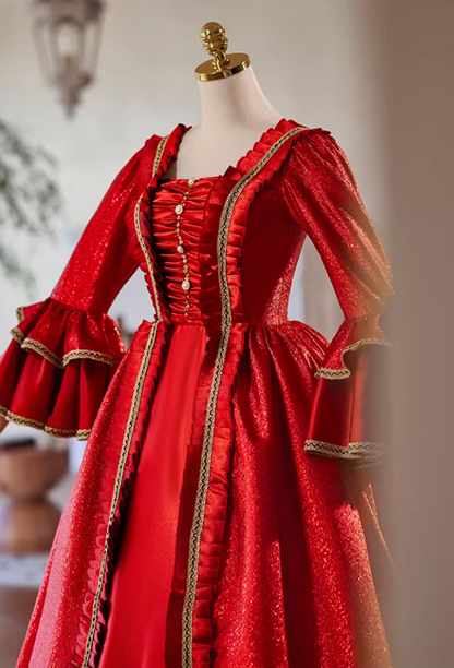 Flattering Square Neck A-Line Ruffles Red Sweet 16th Dresses Long Sleeve Sequins Beads Prom Dress AP5307