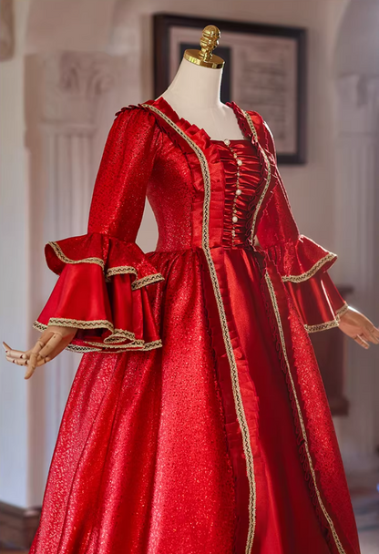 Flattering Square Neck A-Line Ruffles Red Sweet 16th Dresses Long Sleeve Sequins Beads Prom Dress AP5307