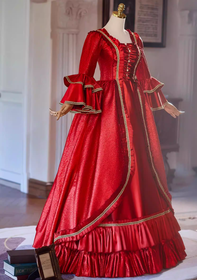 Flattering Square Neck A-Line Ruffles Red Sweet 16th Dresses Long Sleeve Sequins Beads Prom Dress AP5307