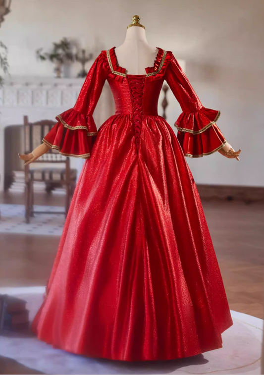 Flattering Square Neck A-Line Ruffles Red Sweet 16th Dresses Long Sleeve Sequins Beads Prom Dress AP5307