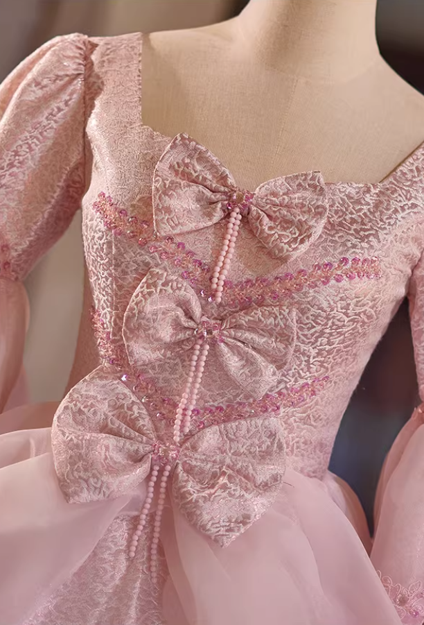 Trendy Pink Square Neck A-Line Sweet 16th Dresses Beading Bows Long Sleeve Sequins Prom Dress AP5308