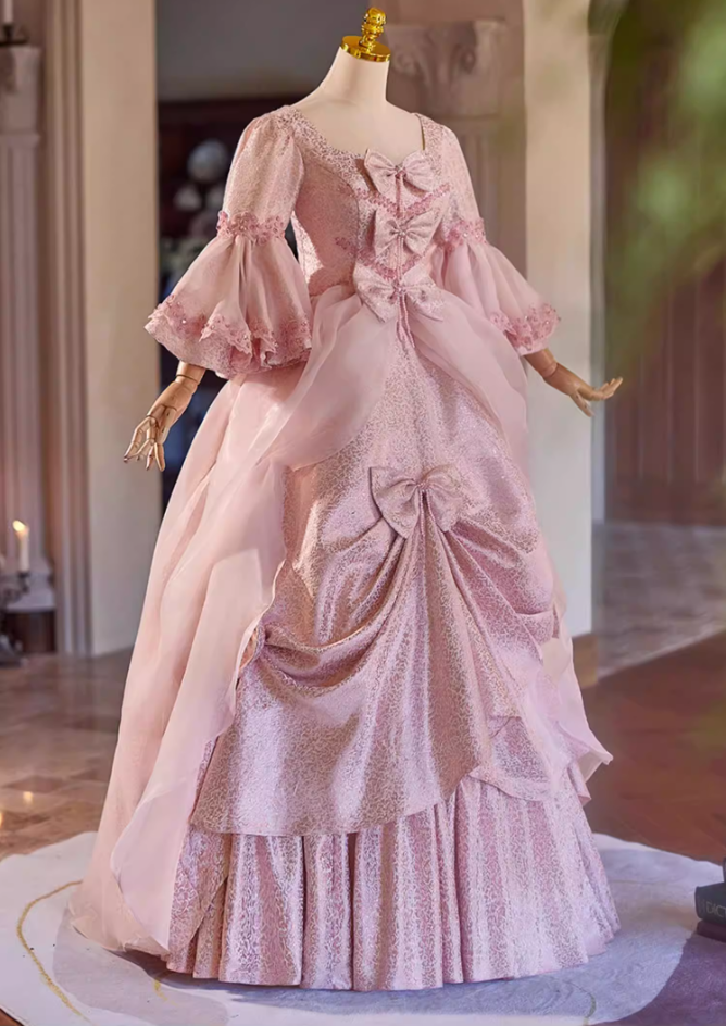 Trendy Pink Square Neck A-Line Sweet 16th Dresses Beading Bows Long Sleeve Sequins Prom Dress AP5308