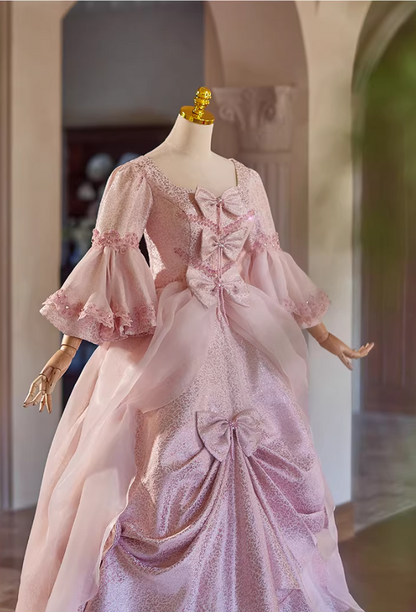 Trendy Pink Square Neck A-Line Sweet 16th Dresses Beading Bows Long Sleeve Sequins Prom Dress AP5308