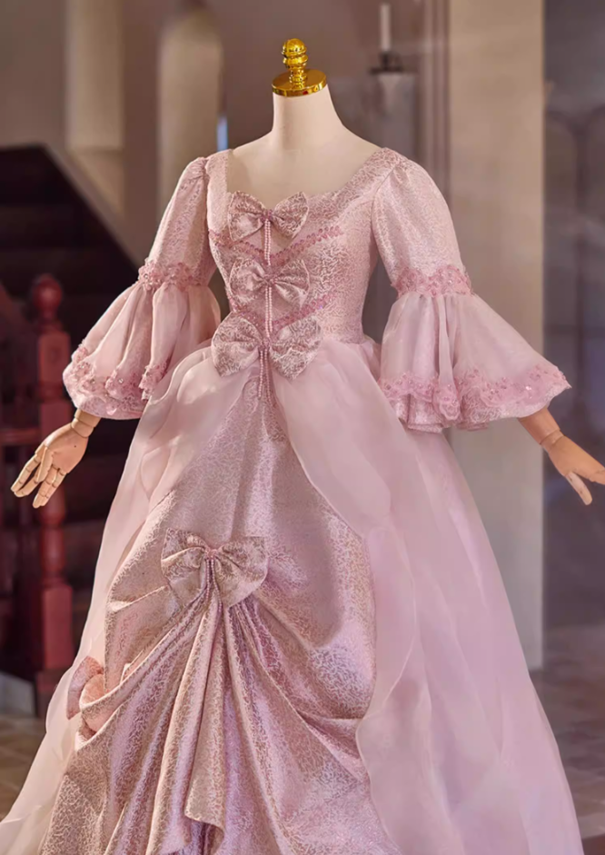Trendy Pink Square Neck A-Line Sweet 16th Dresses Beading Bows Long Sleeve Sequins Prom Dress AP5308