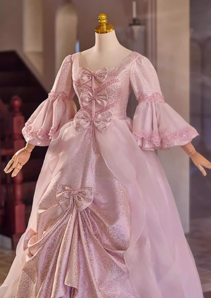 Trendy Pink Square Neck A-Line Sweet 16th Dresses Beading Bows Long Sleeve Sequins Prom Dress AP5308