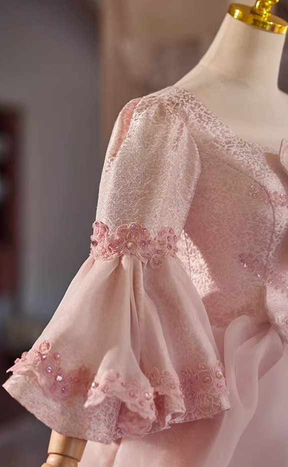 Trendy Pink Square Neck A-Line Sweet 16th Dresses Beading Bows Long Sleeve Sequins Prom Dress AP5308