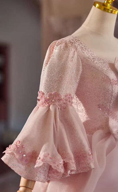 Trendy Pink Square Neck A-Line Sweet 16th Dresses Beading Bows Long Sleeve Sequins Prom Dress AP5308