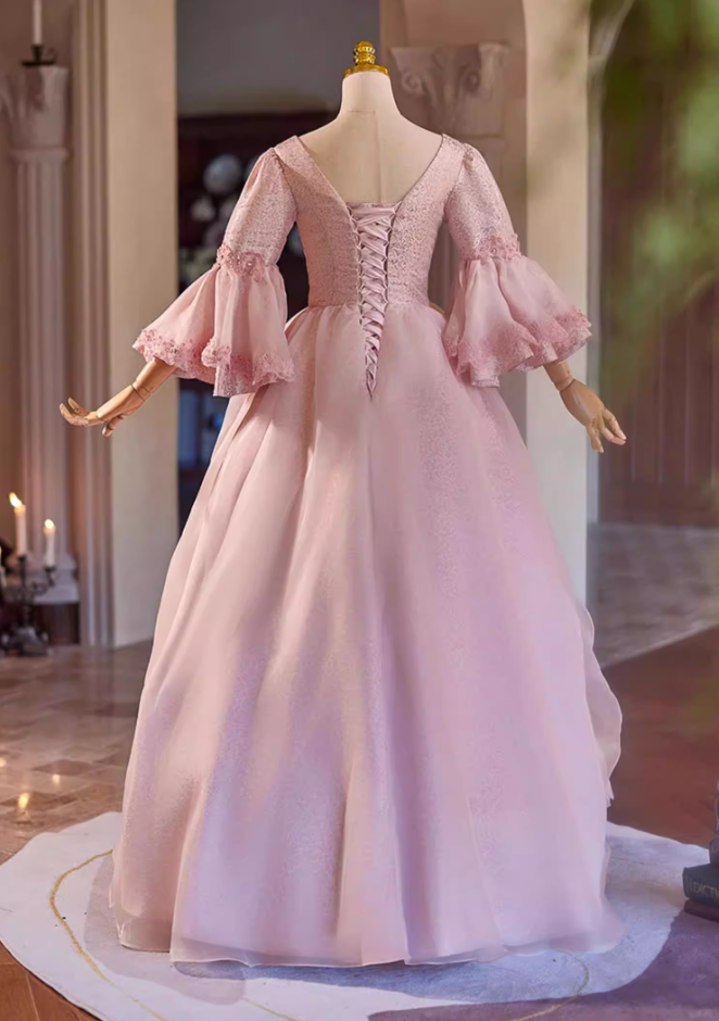 Trendy Pink Square Neck A-Line Sweet 16th Dresses Beading Bows Long Sleeve Sequins Prom Dress AP5308