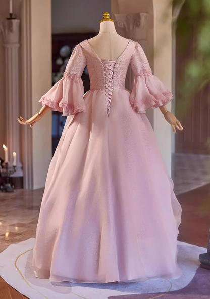 Trendy Pink Square Neck A-Line Sweet 16th Dresses Beading Bows Long Sleeve Sequins Prom Dress AP5308