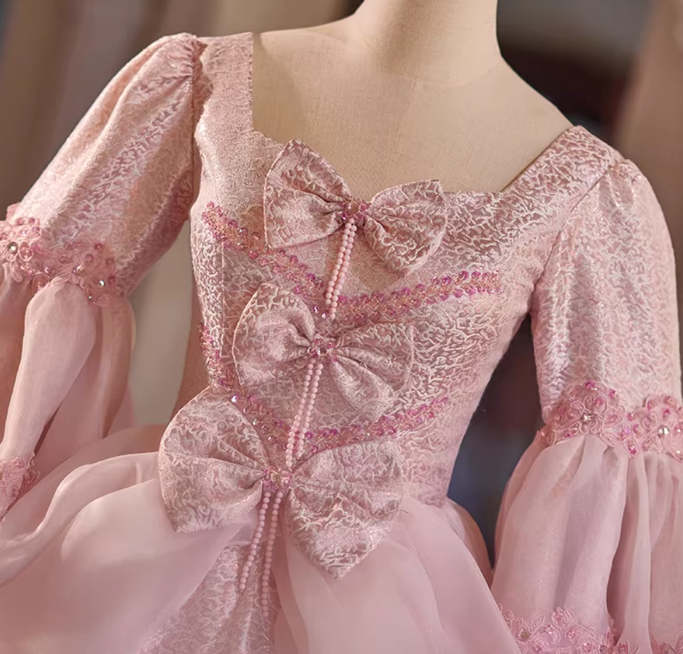 Trendy Pink Square Neck A-Line Sweet 16th Dresses Beading Bows Long Sleeve Sequins Prom Dress AP5308
