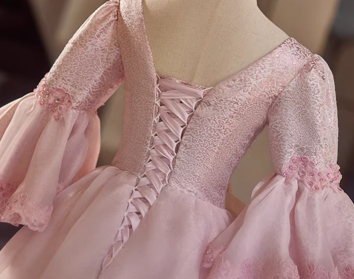 Trendy Pink Square Neck A-Line Sweet 16th Dresses Beading Bows Long Sleeve Sequins Prom Dress AP5308