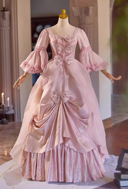 Trendy Pink Square Neck A-Line Sweet 16th Dresses Beading Bows Long Sleeve Sequins Prom Dress AP5308