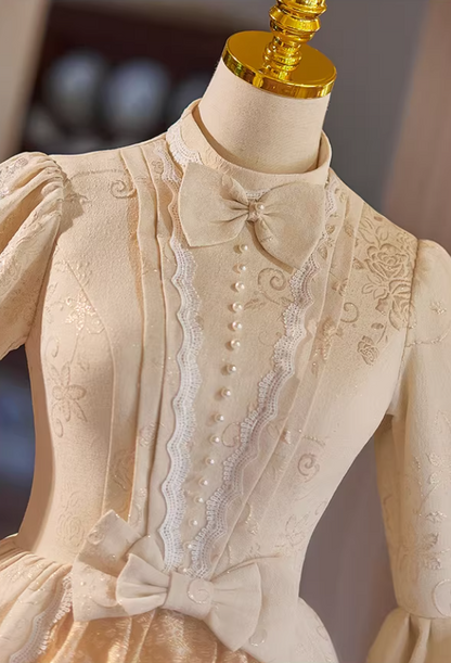 Attractive A-Line Tiered High Collar Sweet 16th Dresses Sequins Bows Long Sleeve Pearls Jacquard Prom Dress AP5309