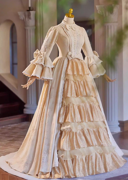Attractive A-Line Tiered High Collar Sweet 16th Dresses Sequins Bows Long Sleeve Pearls Jacquard Prom Dress AP5309