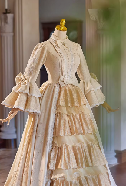 Attractive A-Line Tiered High Collar Sweet 16th Dresses Sequins Bows Long Sleeve Pearls Jacquard Prom Dress AP5309
