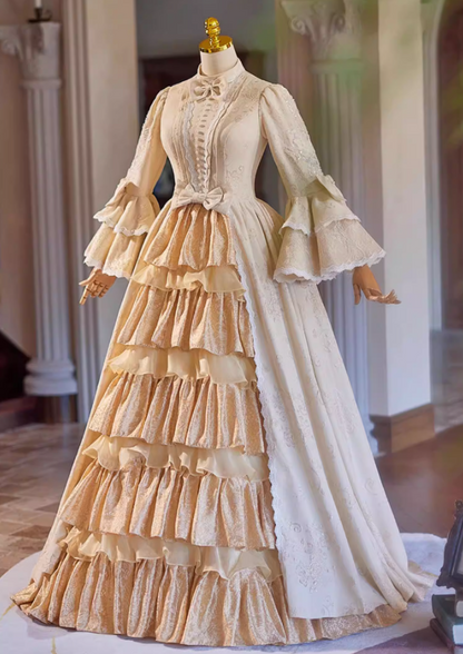 Attractive A-Line Tiered High Collar Sweet 16th Dresses Sequins Bows Long Sleeve Pearls Jacquard Prom Dress AP5309