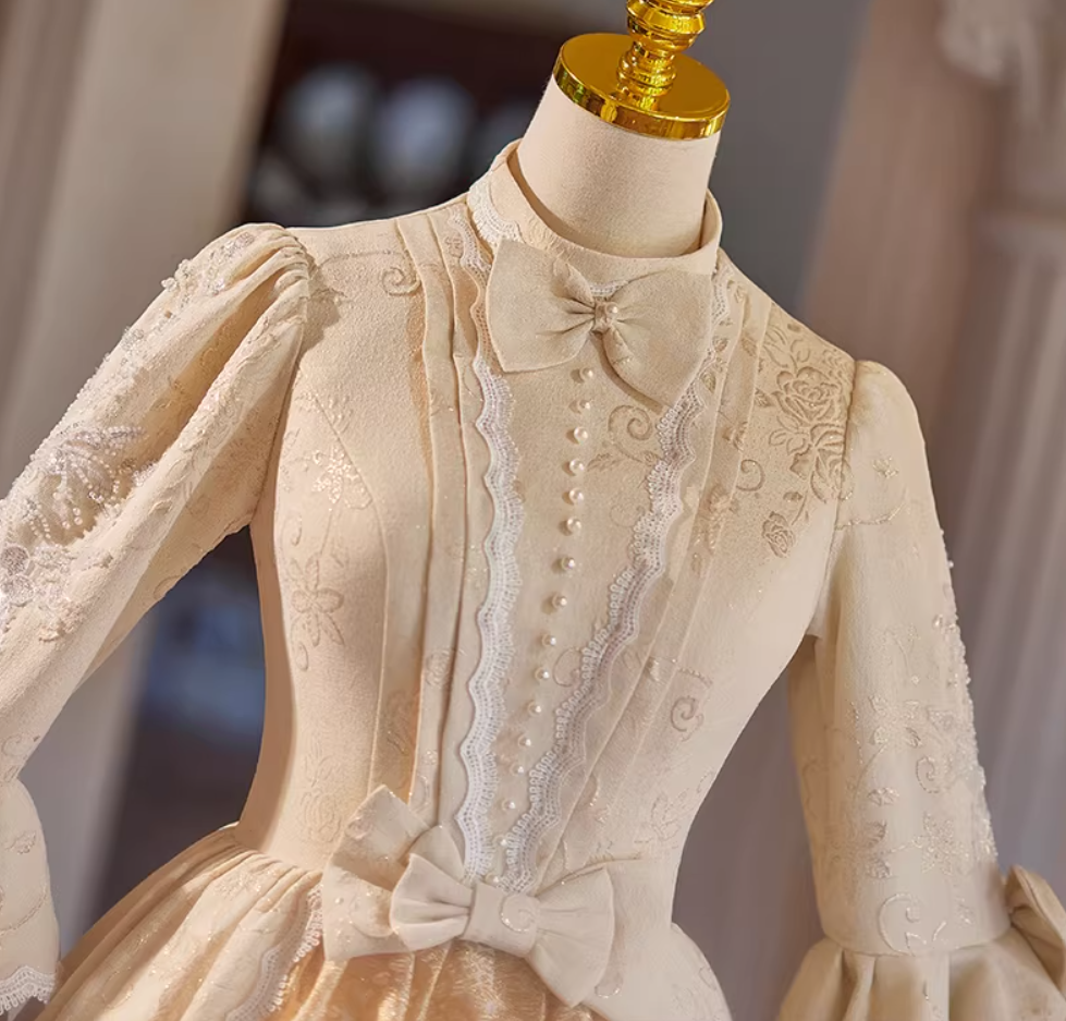 Attractive A-Line Tiered High Collar Sweet 16th Dresses Sequins Bows Long Sleeve Pearls Jacquard Prom Dress AP5309