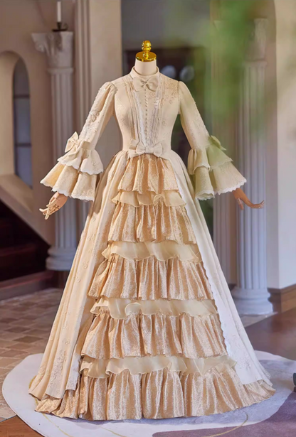 Attractive A-Line Tiered High Collar Sweet 16th Dresses Sequins Bows Long Sleeve Pearls Jacquard Prom Dress AP5309